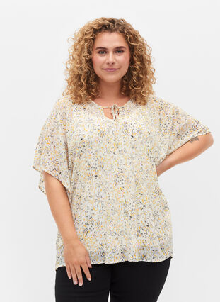 Bedrukte blouse met strikkoord en korte mouwen, Icicle Flower AOP, Model image number 0