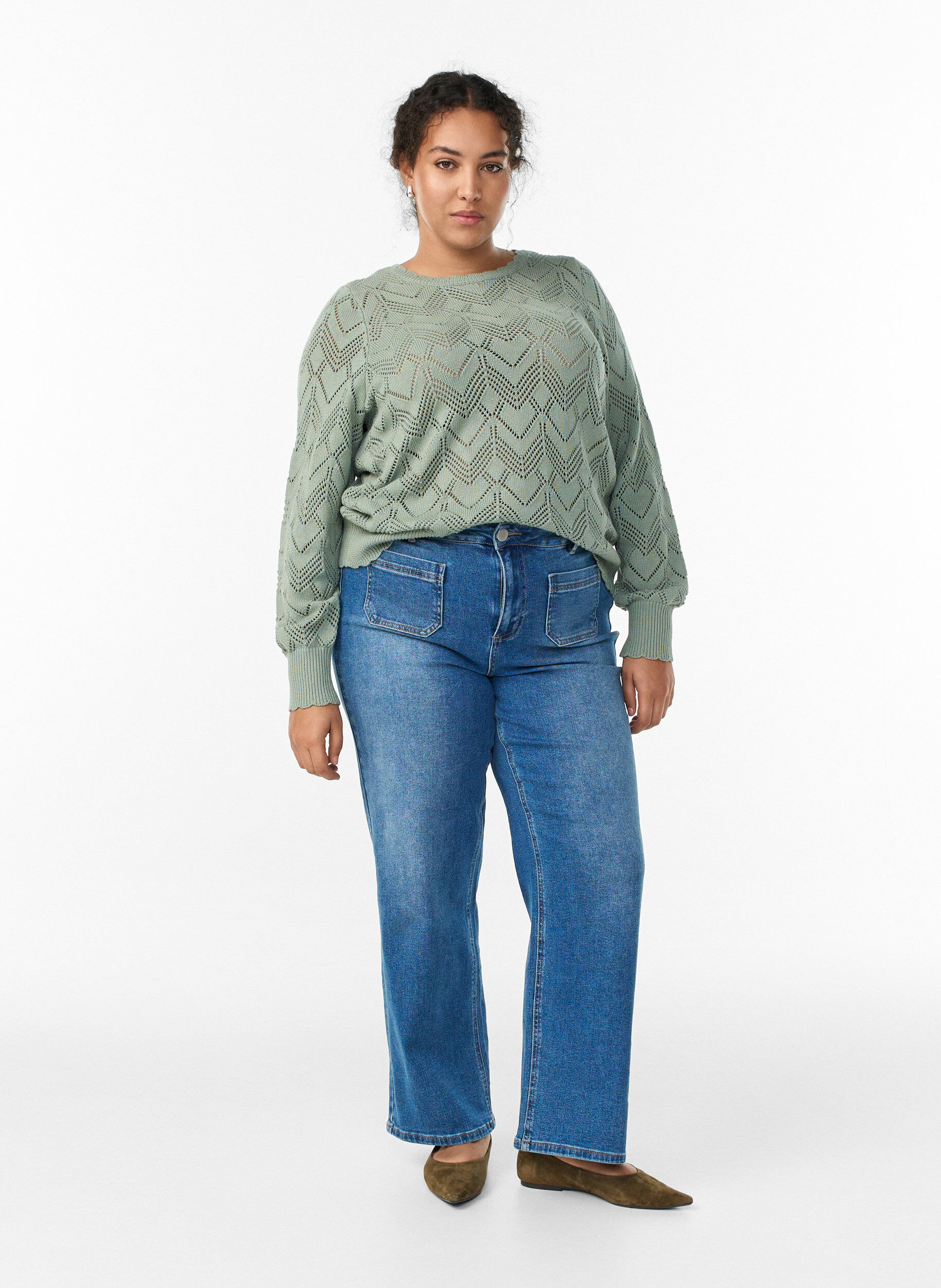 ZizziGebreide blouse met patroon, golvende rand en ronde hals, Groen, Model image number 1