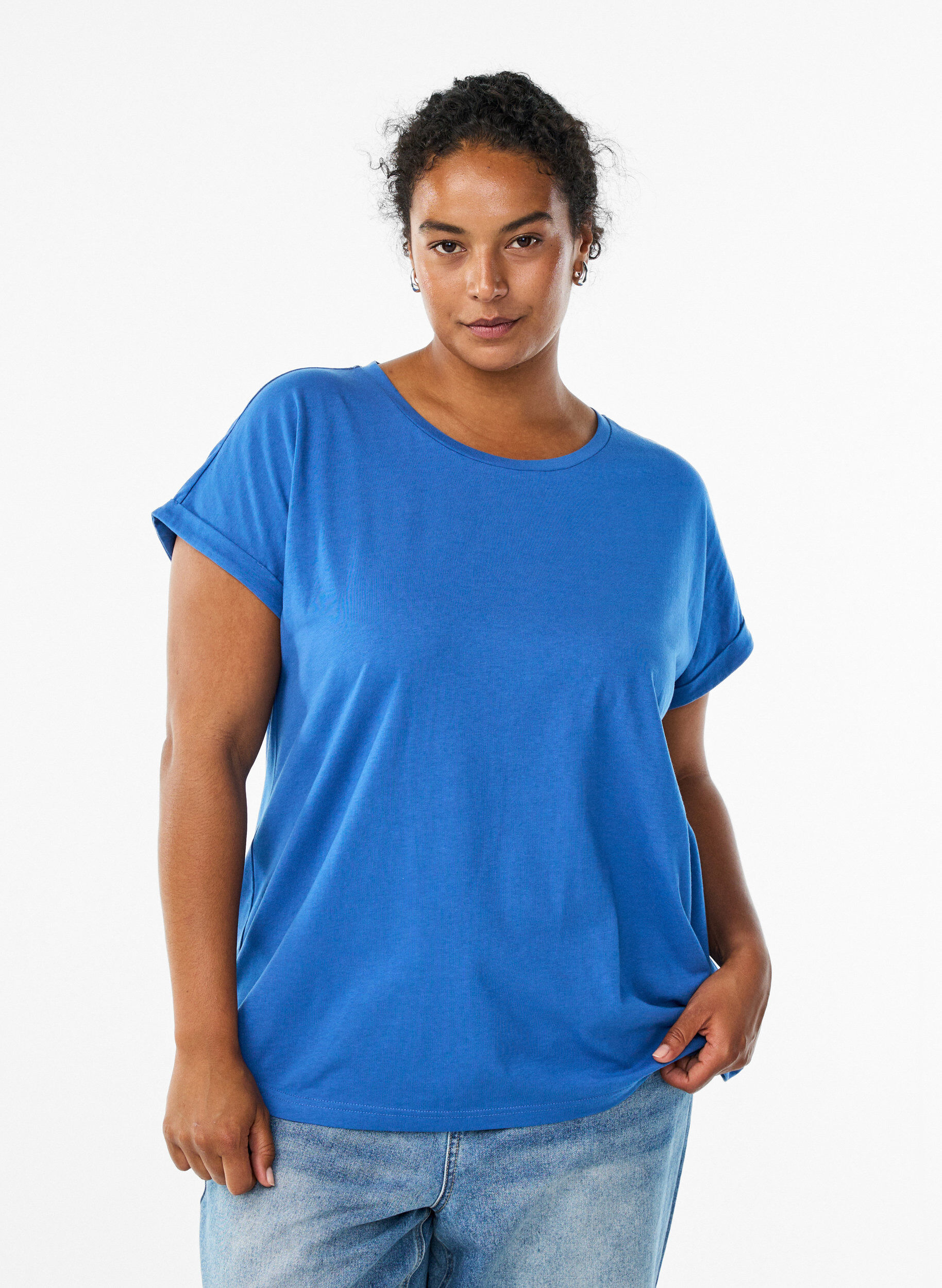 T-shirt met korte mouwen van katoenmix, Blauw, Model