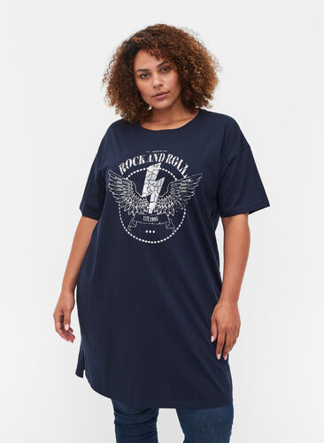 Robe t-shirt en coton avec détails imprimés, Navy Blazer, Model image number 0