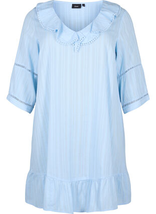 Katoen-viscosemix jurk met 3/4 mouwen, Chambray Blue, Packshot image number 0