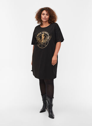 Katoenen T-shirt jurk met print details, Black w. Gold, Model image number 2