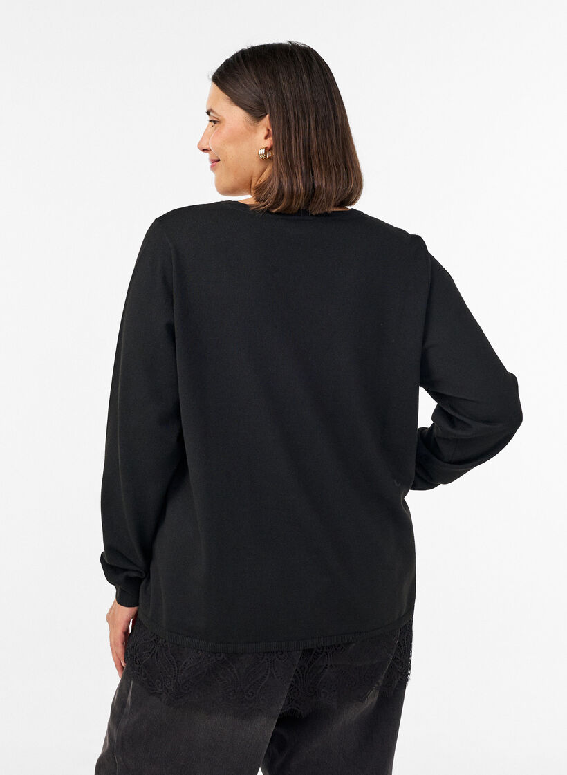 Blouse en maille avec col en V et finitions en dentelle, Noir, Model image number 2