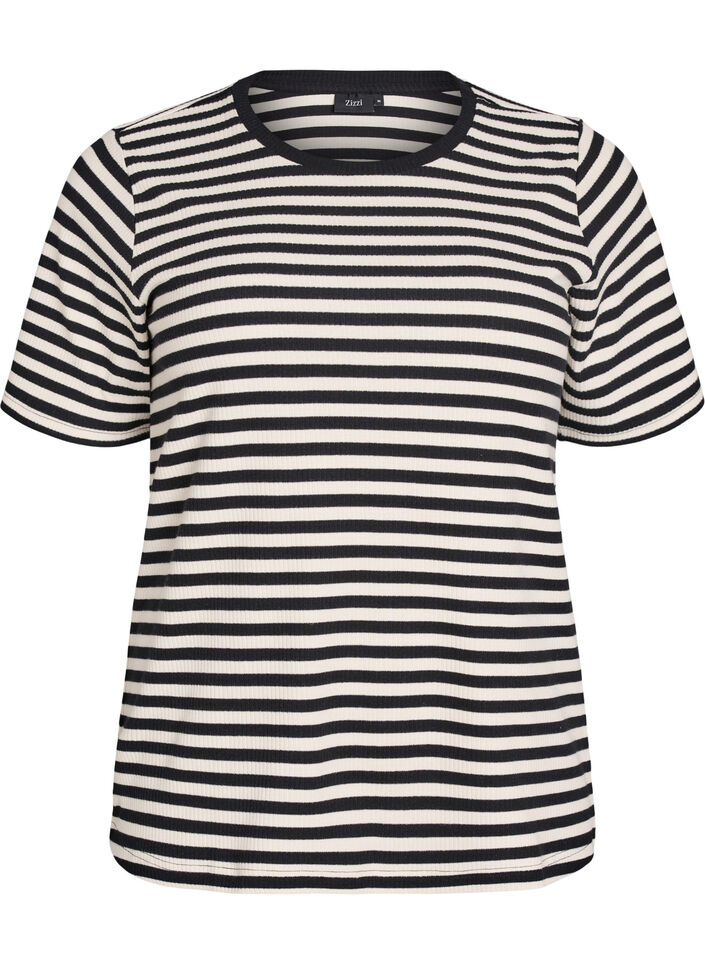 Gestreept T-shirt met geribbelde textuur, Zwart, Packshot image number 0