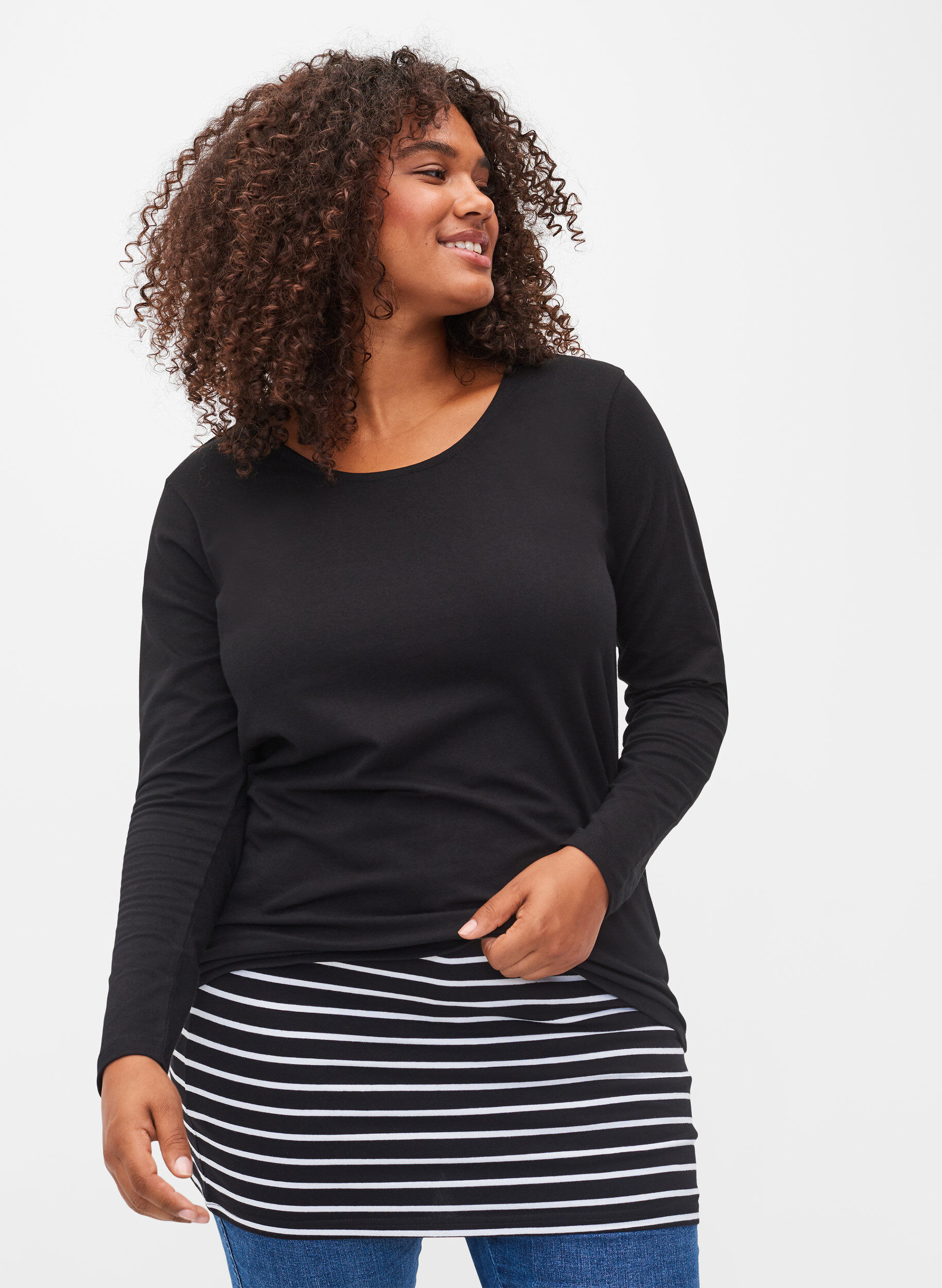 Zizzi2-pack tops verlenger, Black/Black Stripe, Model image number 0