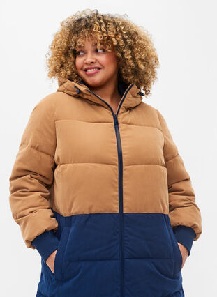 Manteau d'hiver long avec bloc de couleurs, Tobacco Brown w/navy, Model image number 2
