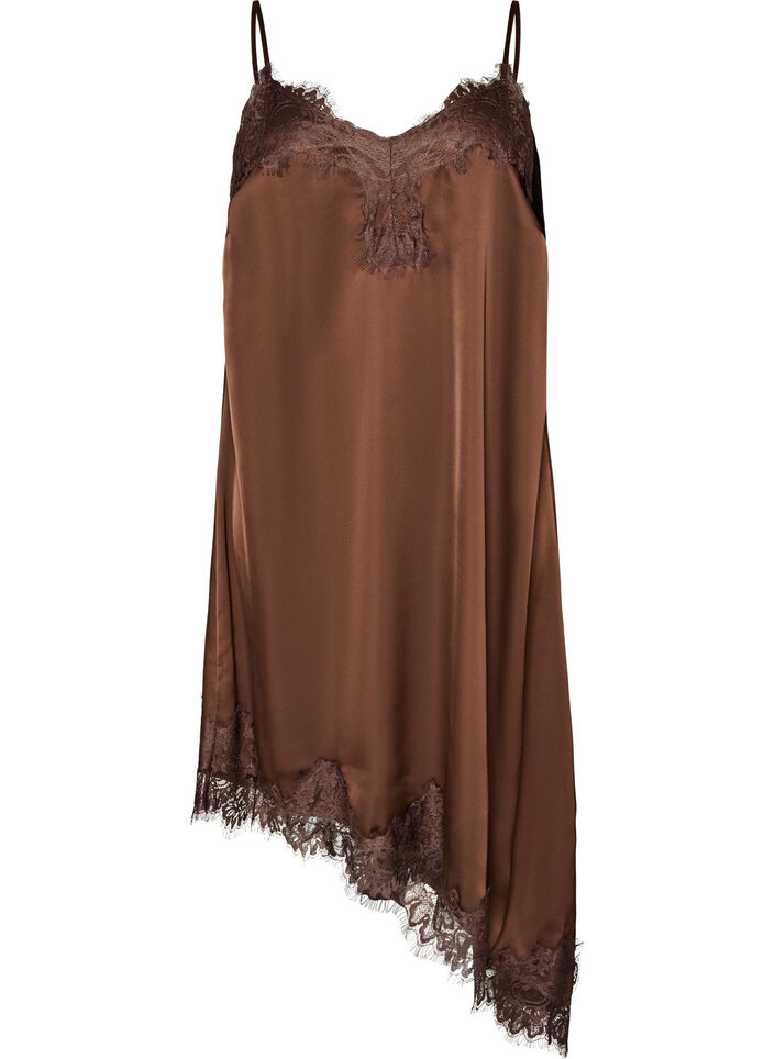 Robe en satin avec dentelle et ourlet asym&eacute;trique, Marron, Packshot image number 0
