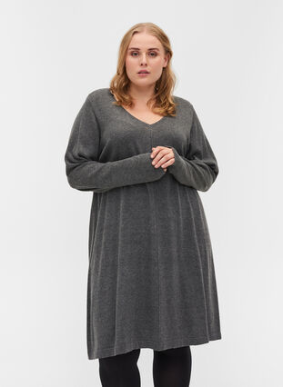 Robe en maille de couleur unie à manches longues, Dark Grey Melange, Model image number 0