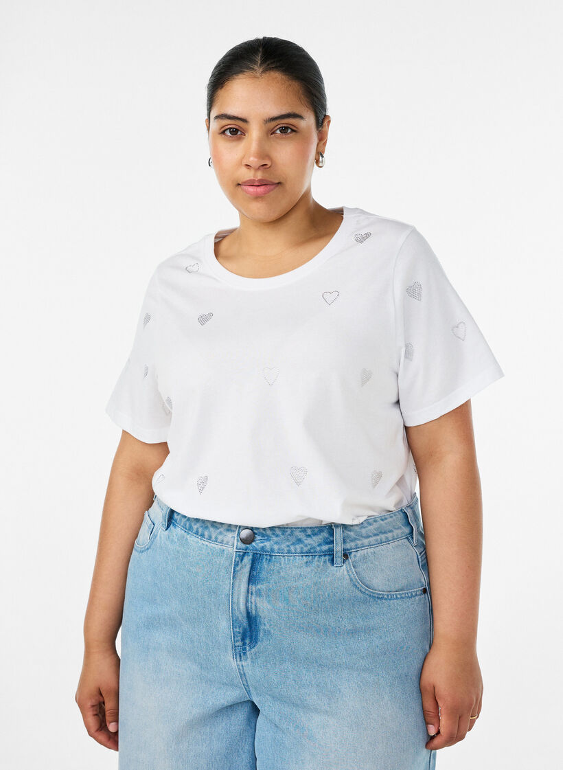 Organisch katoenen T-shirt met hartjes, Wit, Model image number 0