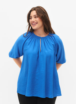 A-vormige viscose blouse met 3/4 mouwen, Strong Blue, Model image number 0