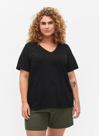 Basic t-shirt met korte mouwen en v-hals, Black, Model