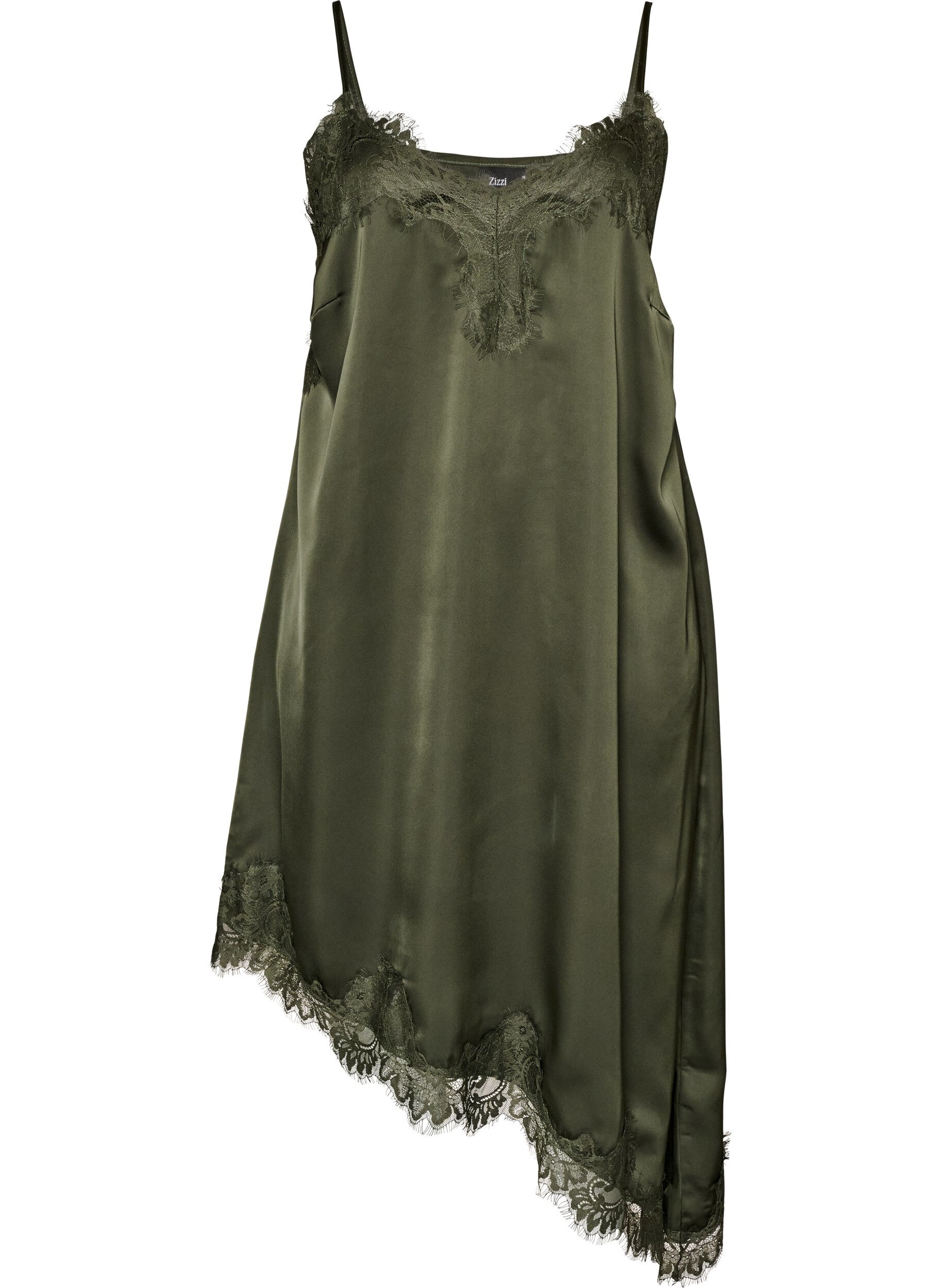 Robe en satin avec dentelle et ourlet asym&eacute;trique