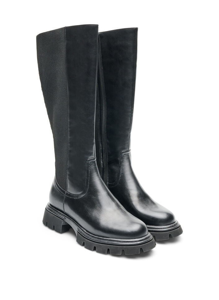 Botte haute avec empi&egrave;cements c&ocirc;tel&eacute;s, Noir, Packshot
