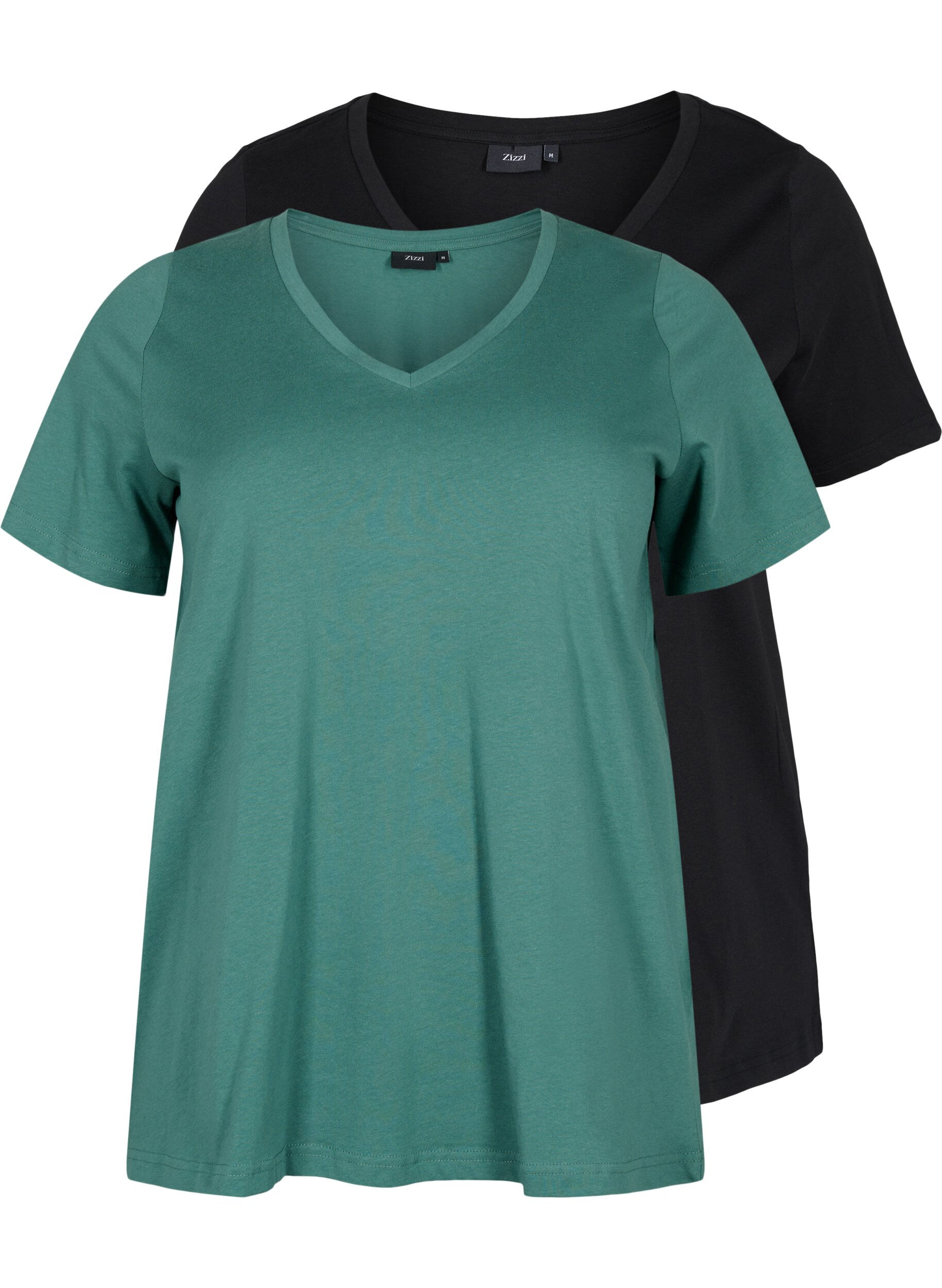 ZizziSet van 2 basic t-shirts in katoen, Mallard Green/Black, Packshot image number 0