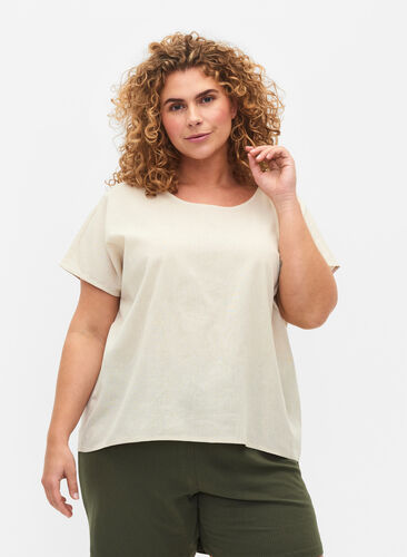 Katoenen blouse met korte mouwen van katoenmix met linnen, Sandshell, Model image number 0