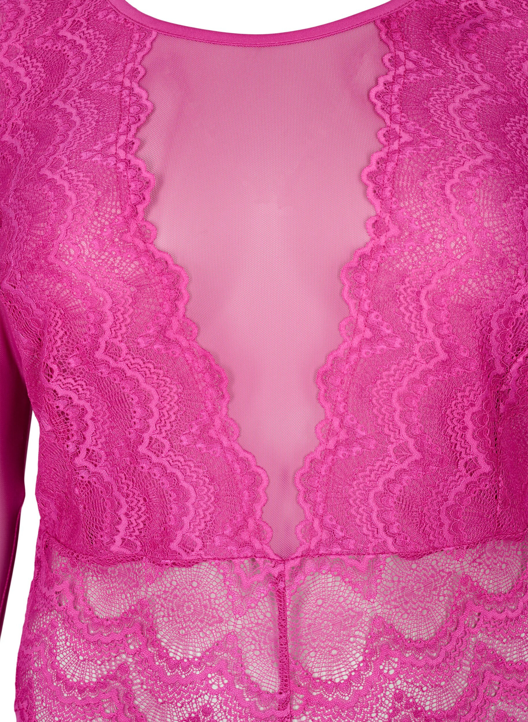 ZizziBodystocking met kant en mesh, Fuchsia Red, Packshot image number 2