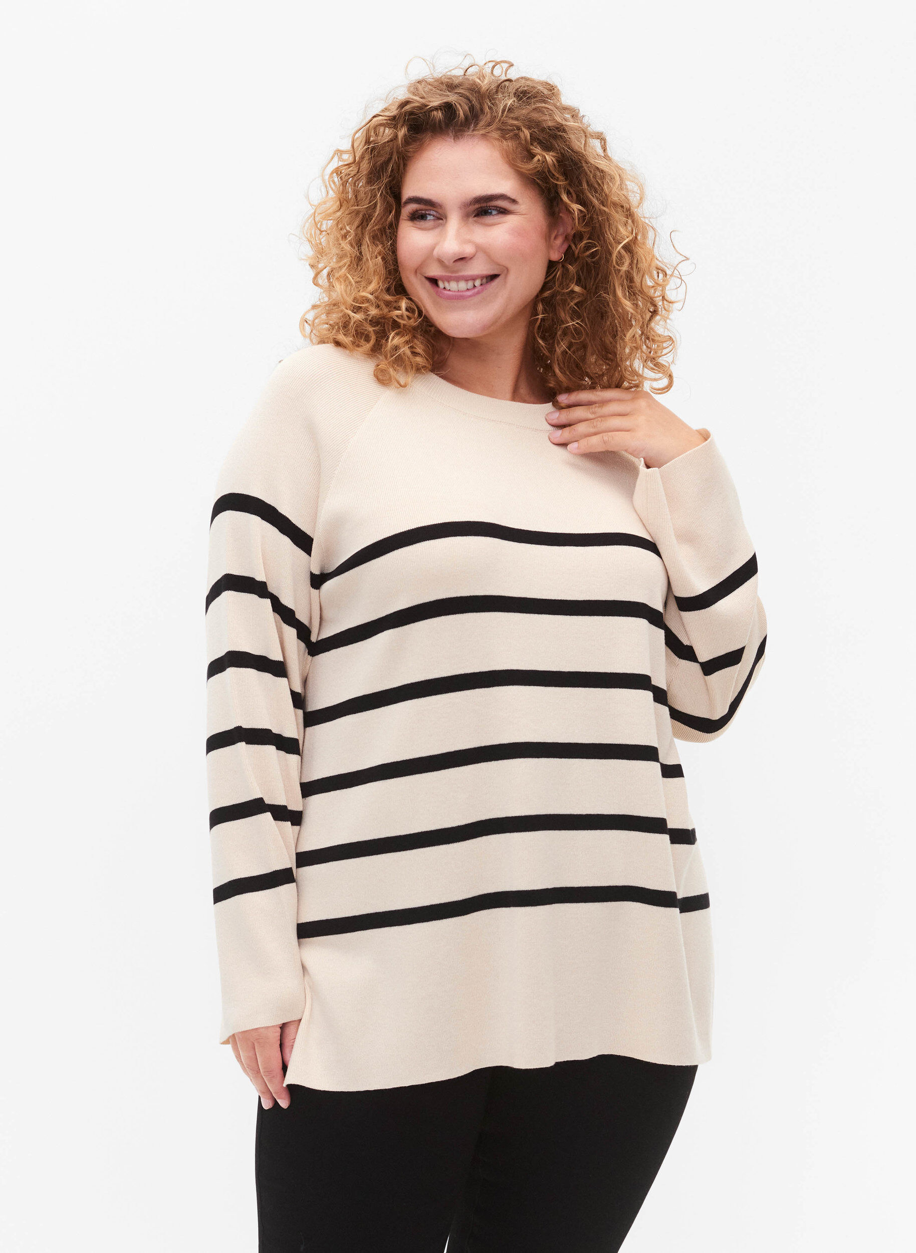 Zizzi Pull en Viscose &agrave; Rayures, Sandshell/Black S., Model image number 0
