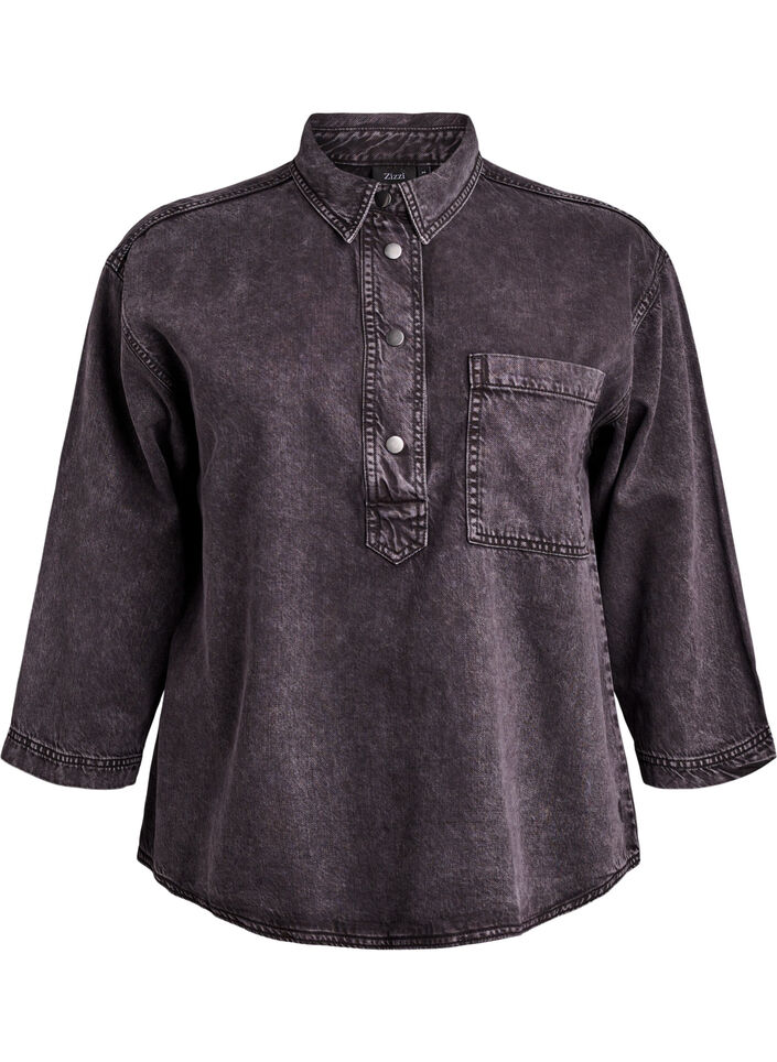 Chemise en denim ample avec manches 3/4, Gris, Packshot image number 0