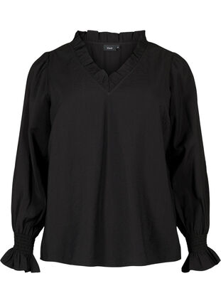 Lange-mouwen viscose blouse met ruche details, Black, Packshot image number 0