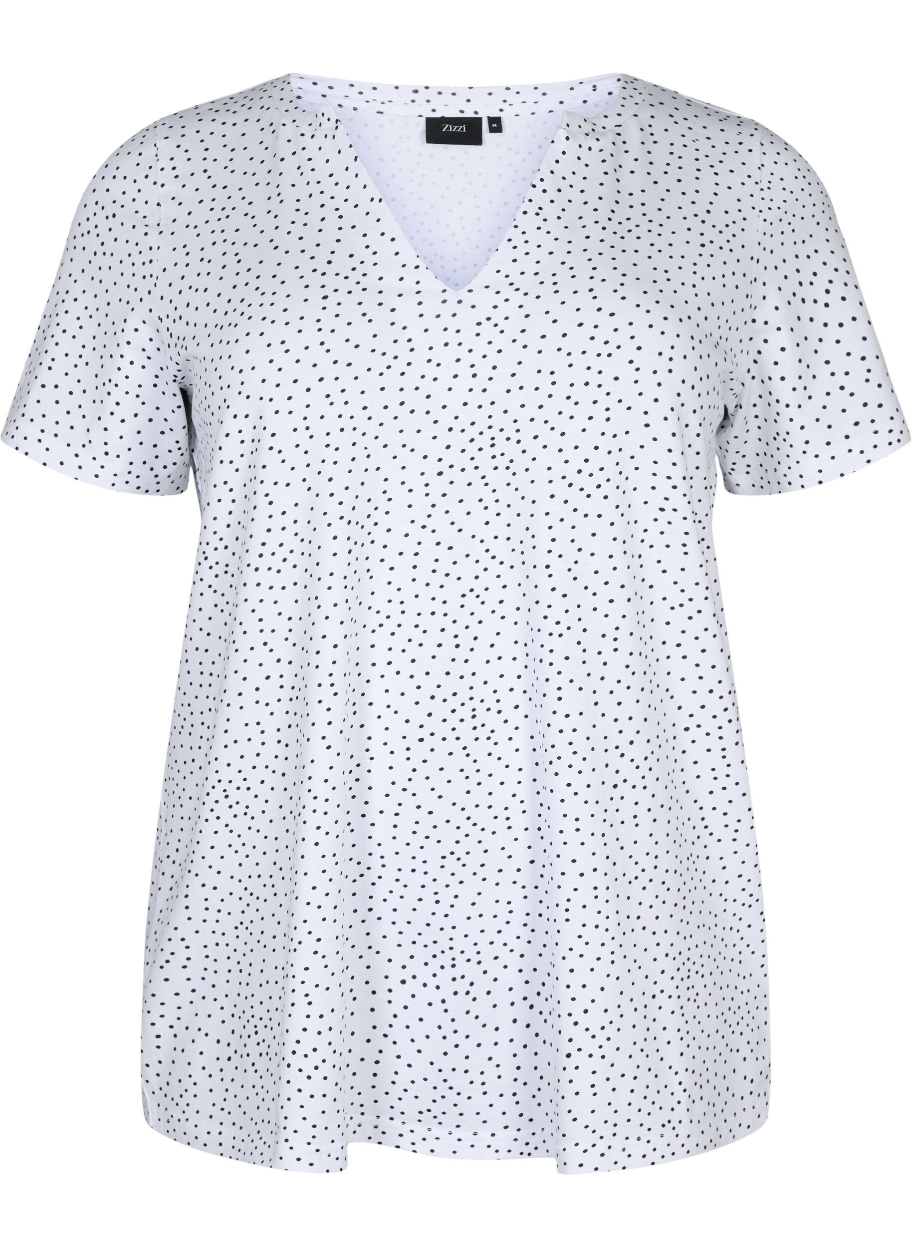 Zizzi T-shirt en coton avec des points et un col en V, B.White/Black Dot, Packshot image number 0