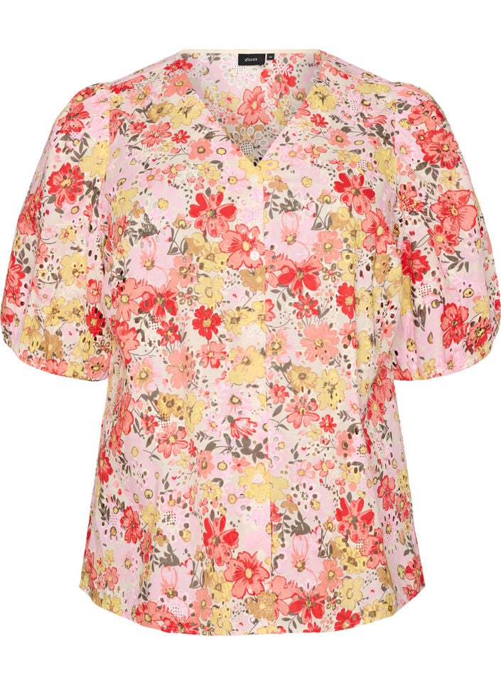 Bloemenblouse met broderiegatwerk en V-hals, Roze, Packshot image number 0