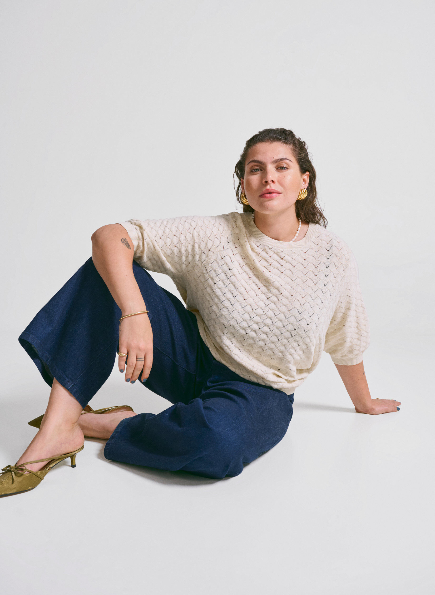 ZizziGebreide blouse met opengewerkt patroon en korte mouwen, Birch Mel., Image image number 0