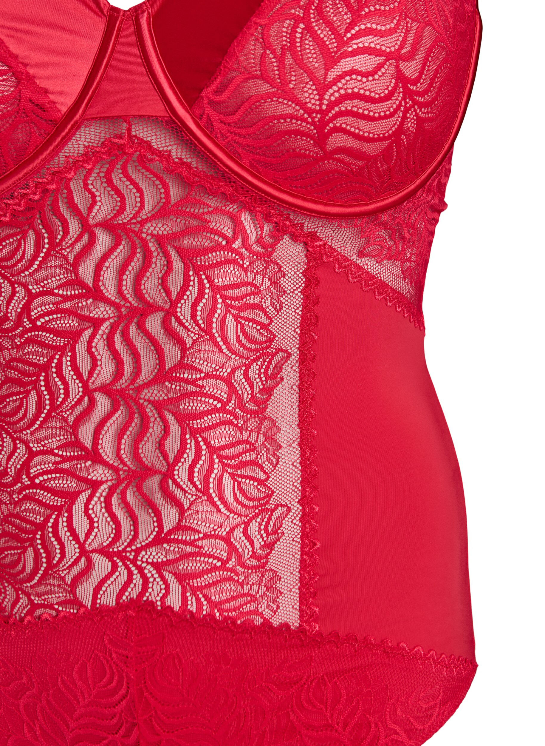 ZizziBodystocking met kant- en satijndetail, Rood, Packshot image number 2