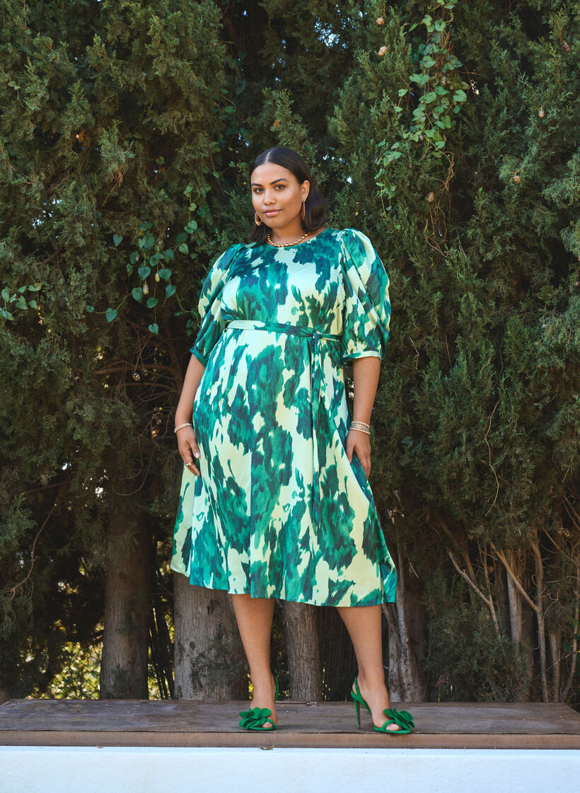 Robes de soirée à manches courtes avec ceinture à nœud, Vert, Image image number 0