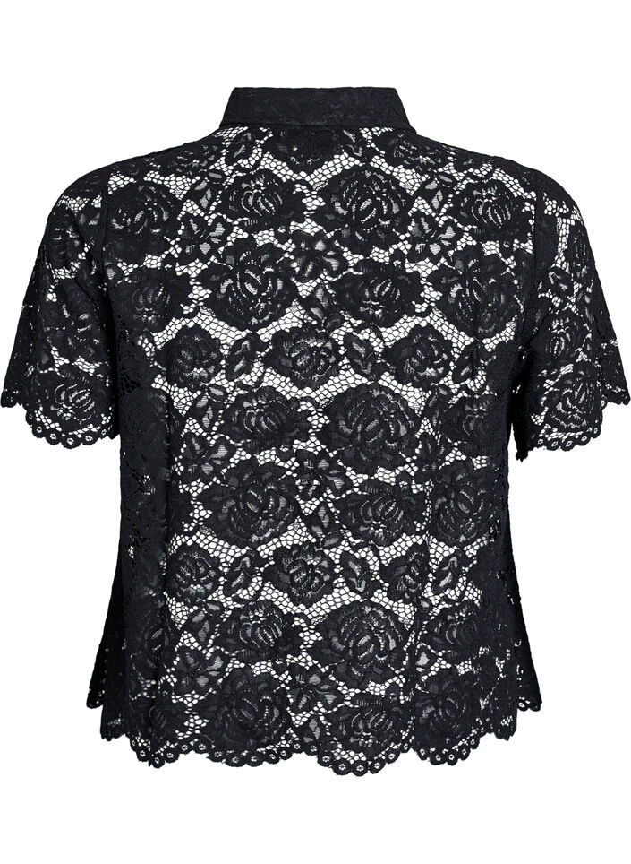 Kanten shirt blouse met parelknopen, Zwart, Packshot image number 1