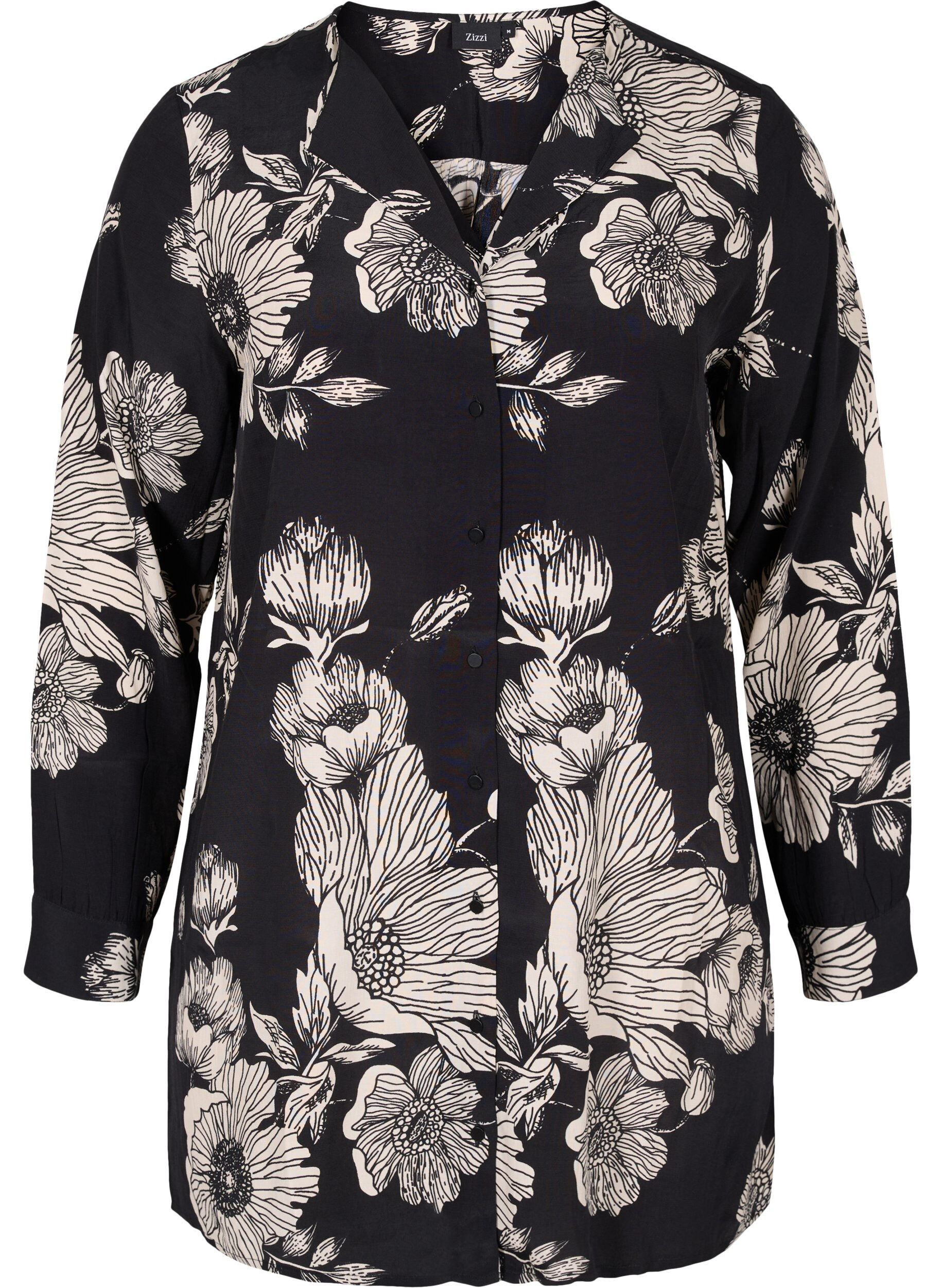 Zizzi Chemise longue en viscose &agrave; fleurs, Black White AOP, Packshot image number 0
