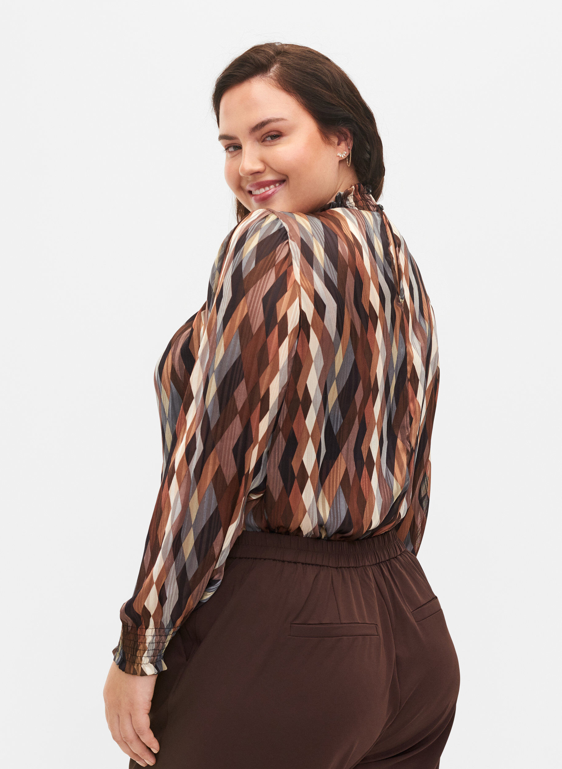 ZizziBedrukte blouse met smock, Earthy Zig Zag, Model image number 1