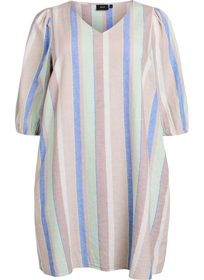 Robes courtes en lin et viscose &agrave; manches 3/4, Bleu, Packshot image number 0