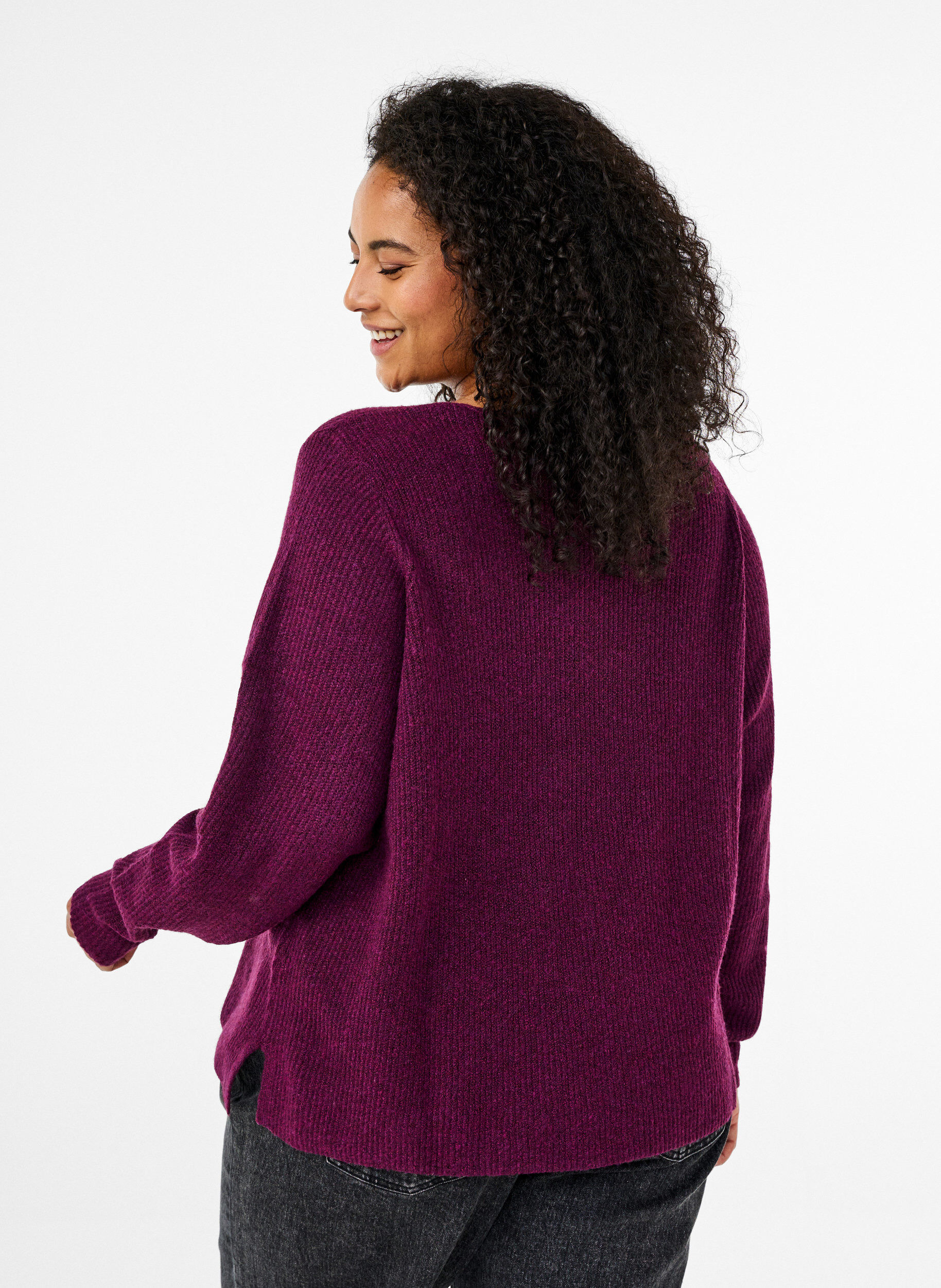 ZizziGebreide blouse met V-hals en lange mouwen, Potent P. Black Mel., Model image number 1