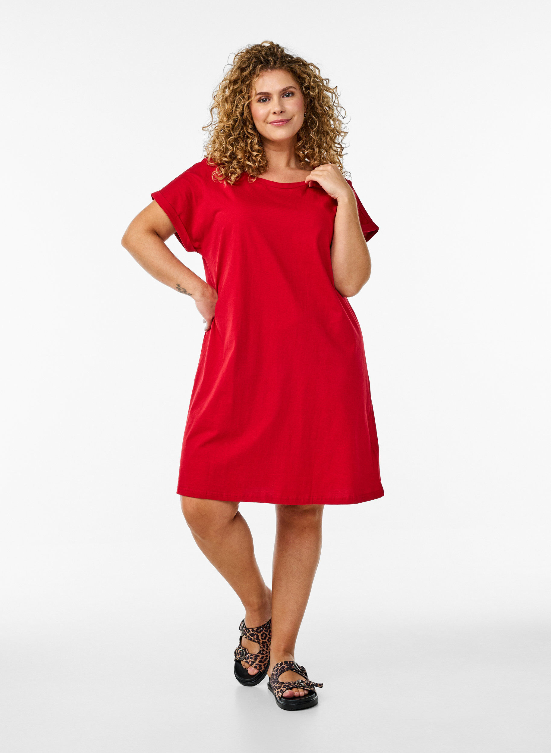 Zizzi2-pack T-shirtjurk met korte mouwen, Rood, Model image number 1
