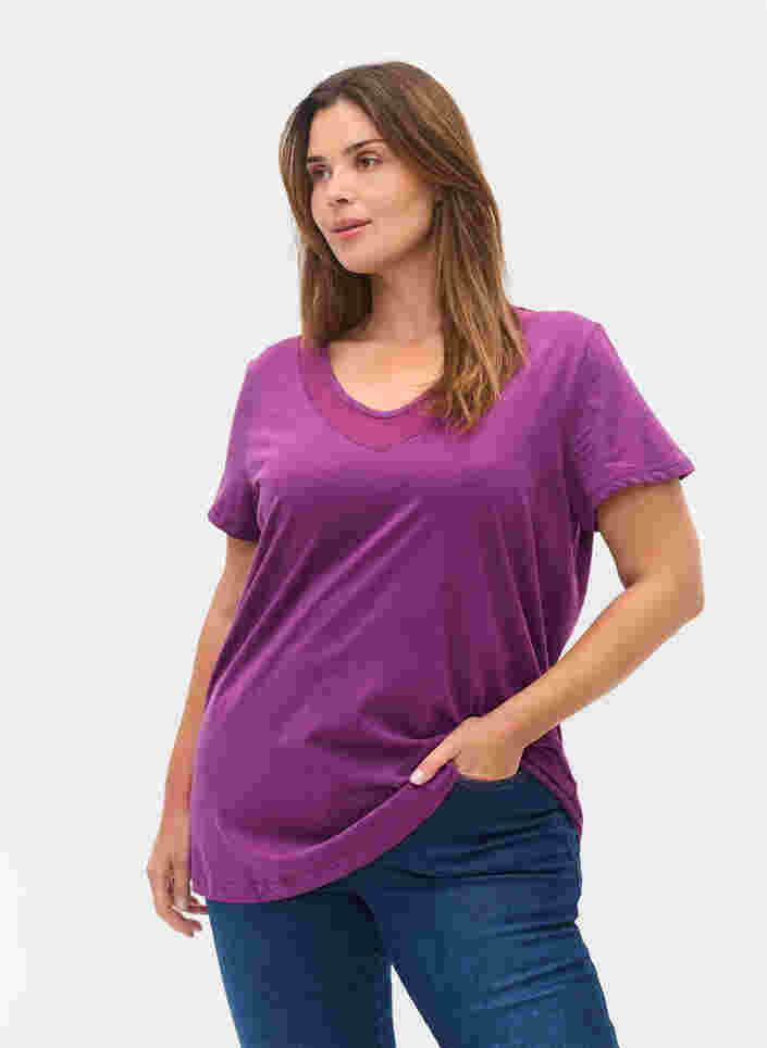 T-shirt met korte mouwen, v-hals en mesh, Gloxinia, Model image number 0
