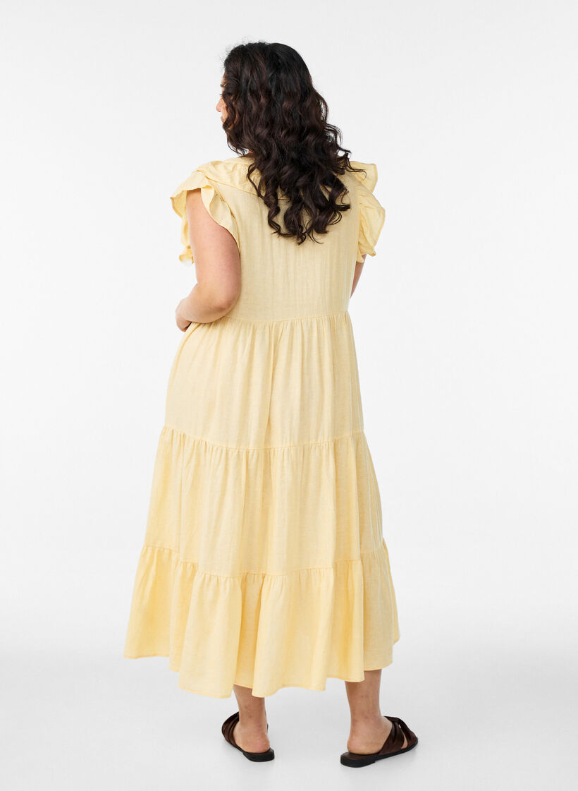 Mouwloze midi jurk in linnen en viscose met ruches, Geel, Model image number 1