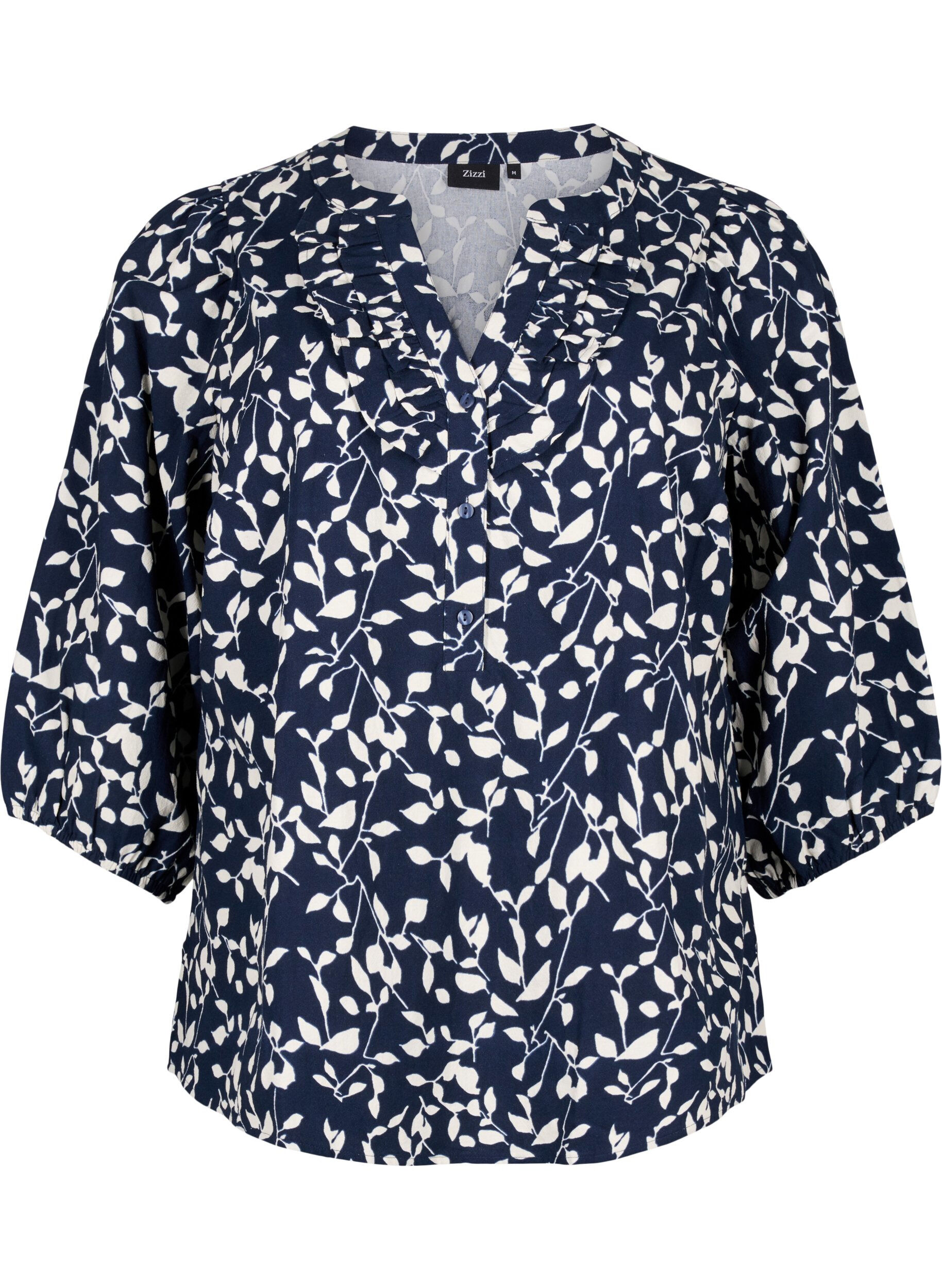 Zizzi Chemisier en coton &agrave; manches 3/4 avec imprim&eacute;, Navy Blazer Leaf, Packshot image number 0