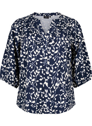 Katoenen blouse met 3/4 mouwen en print, Navy Blazer Leaf, Packshot image number 0