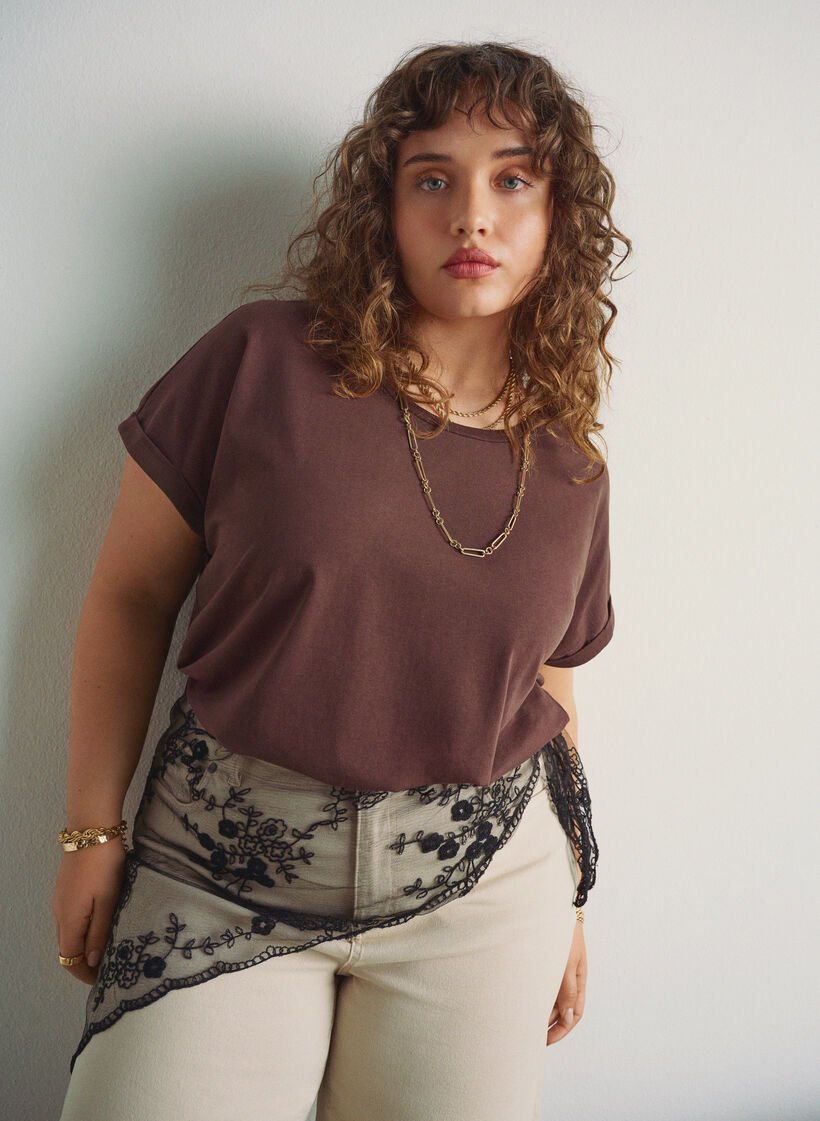 T-shirt met korte mouwen van katoenmix, Bruin, Image image number 0