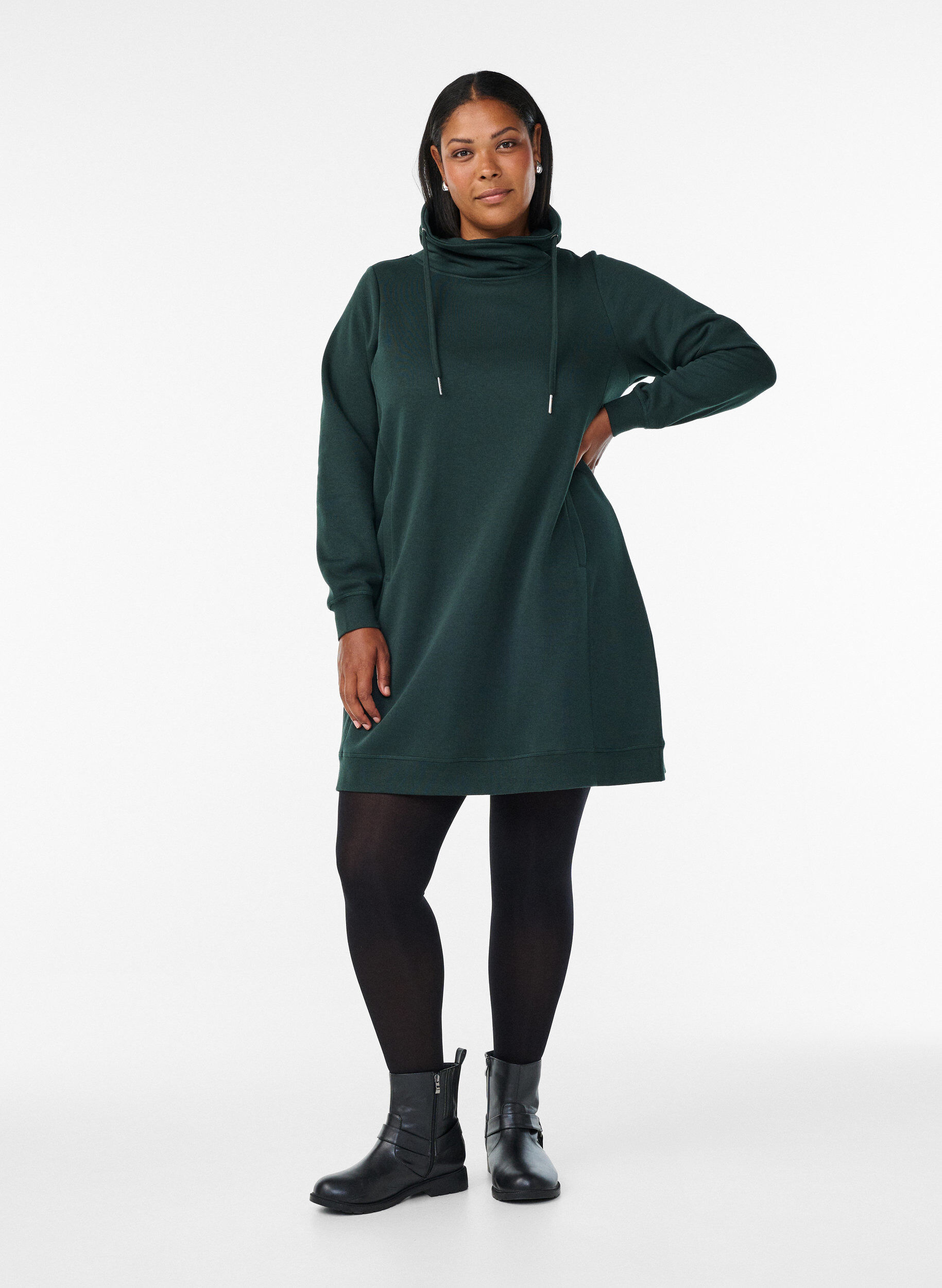 ZizziKort sweatshirt jurk met hoge kraag en zakken, Groen, Model image number 1