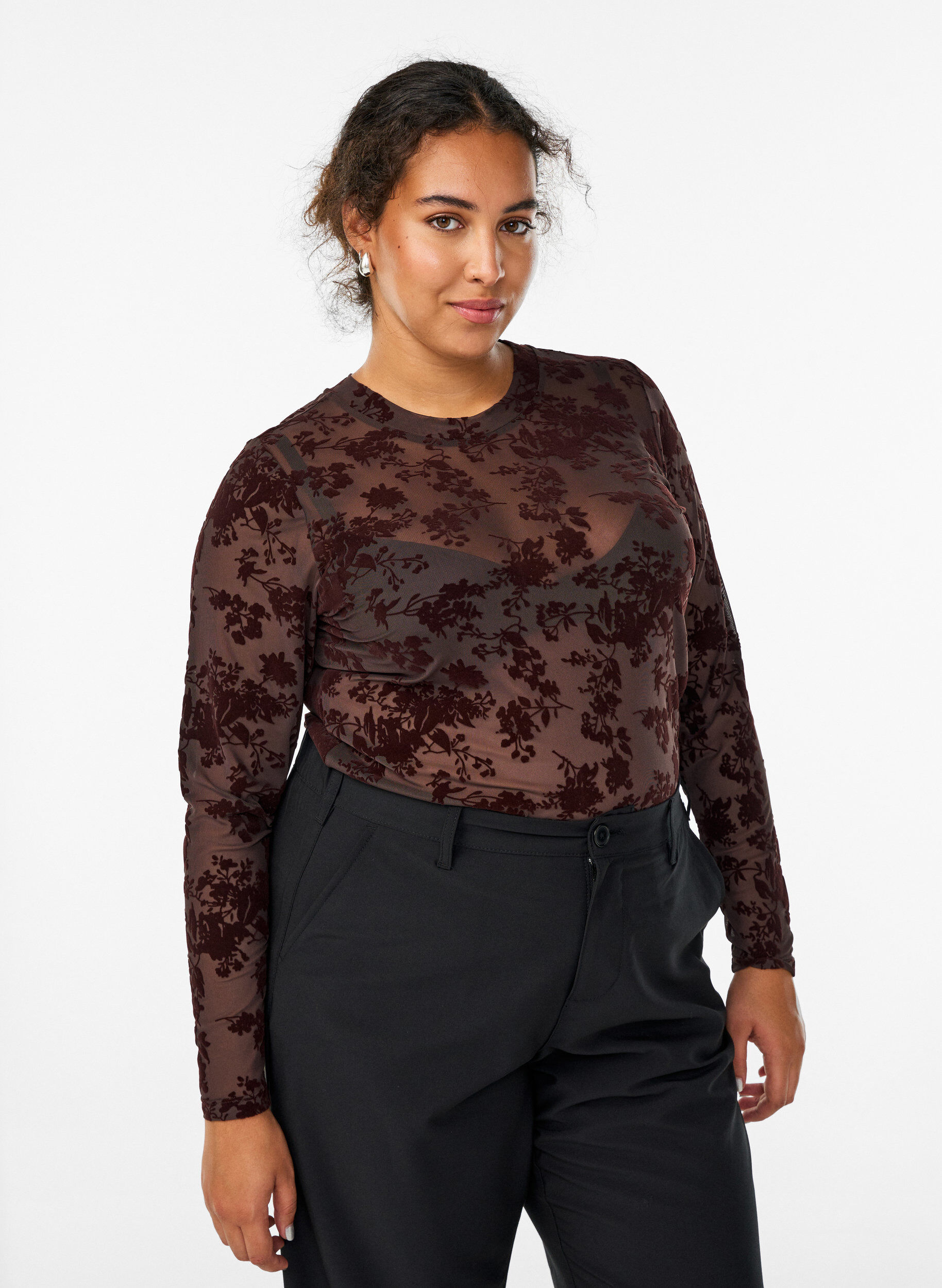 ZizziMesh blouse met bloemenpatroon, Bruin, Model image number 0