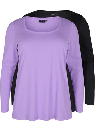 Lot de 2 blouses basiques en coton, Paisley Purple/Black, Packshot image number 0