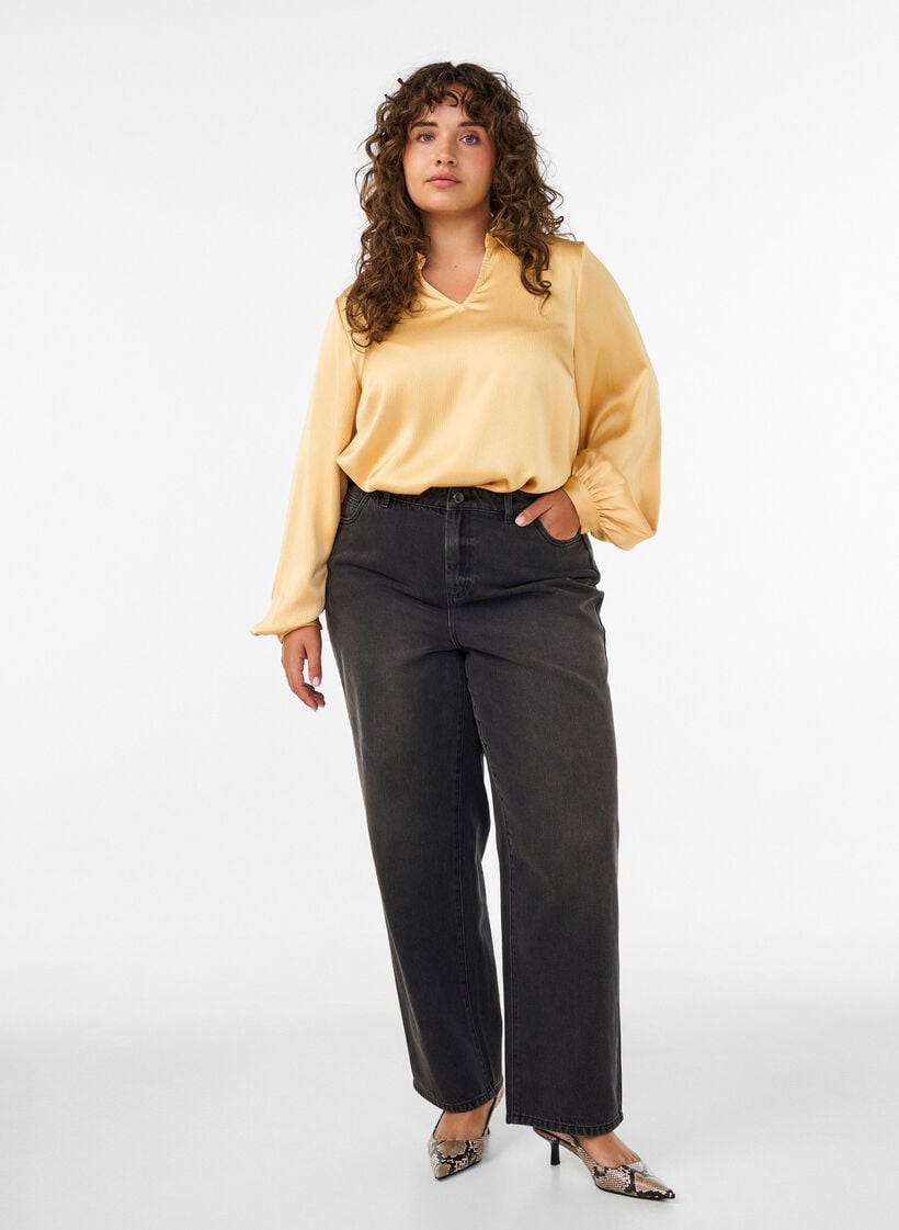 Blouse met overhemdkraag en V-hals, Geel, Model image number 1