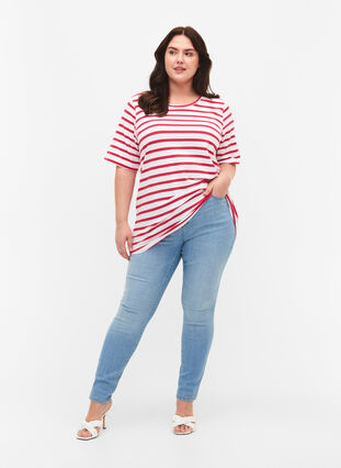 Gestreept T-shirt van biologisch katoen, Bright Rose Stripes, Model image number 2