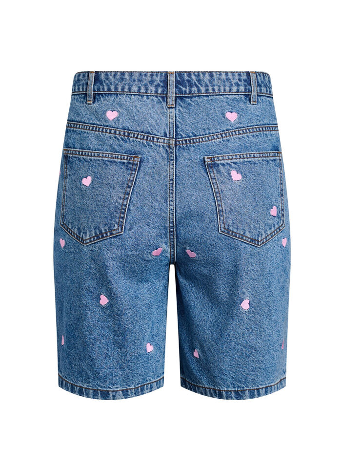 Shorts en jean taille haute ornés de cœurs brodés, Bleu Clair, Packshot image number 1