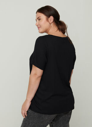 T-shirt uni côtelé à manches courtes, Black, Model image number 1