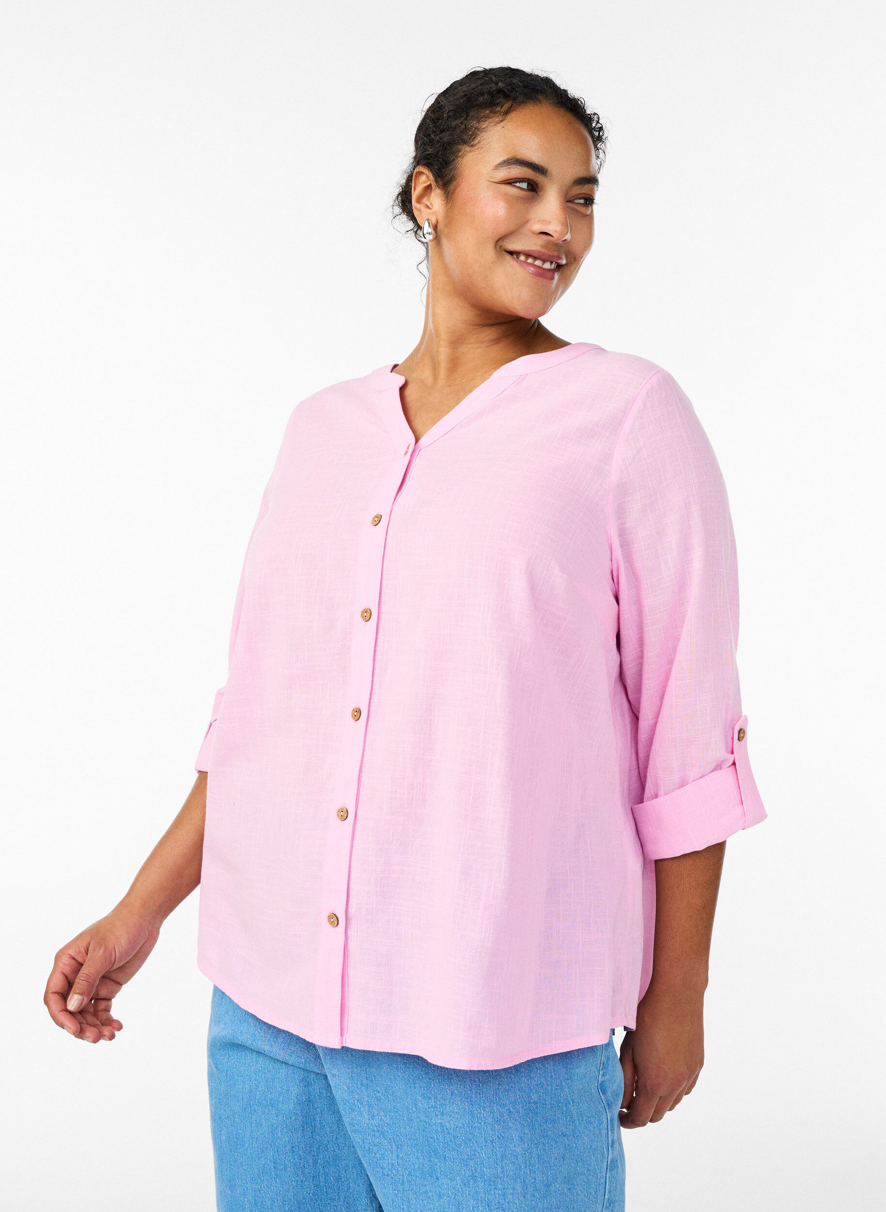 ZizziKatoenen blouse met V-hals, Roze, Model image number 0