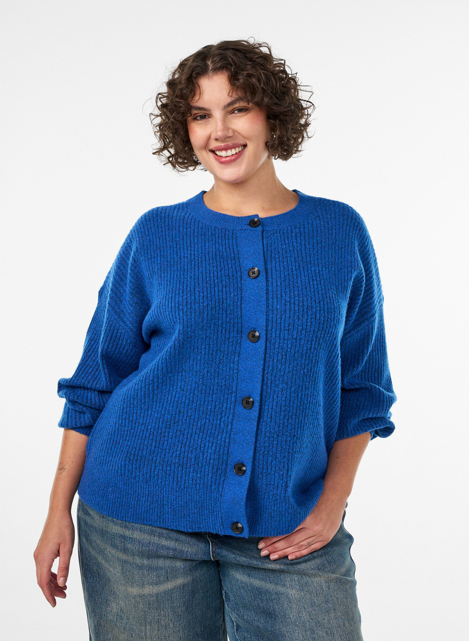 ZizziCardigan en maille c&ocirc;tel&eacute;e avec boutons, Bleu, Model image number 0