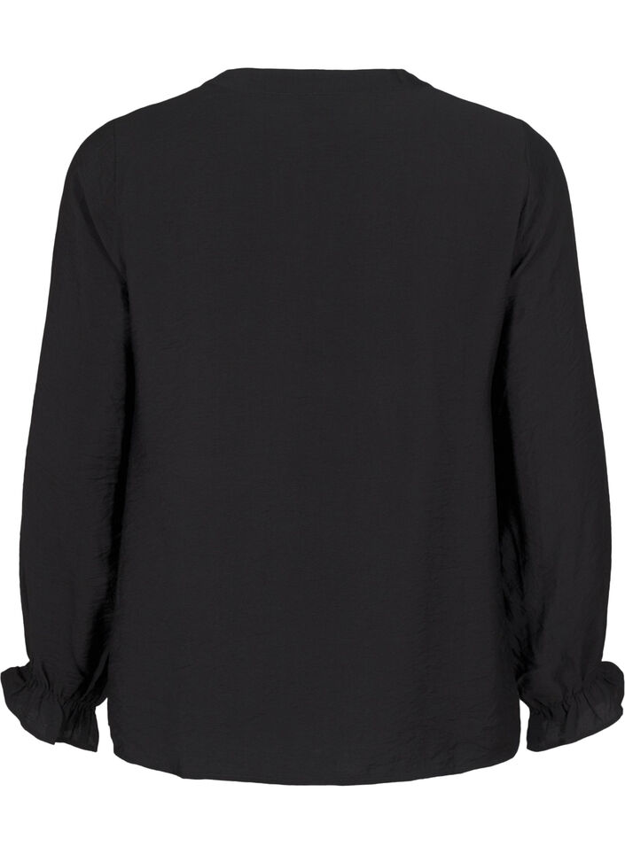 Blouse met lange mouwen en een V-hals, Black, Packshot image number 1
