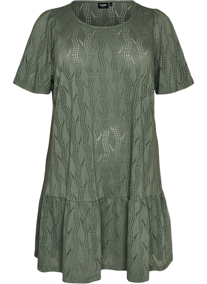 Robe courte en jersey avec broderie ajour&eacute;e, Vert fonc&eacute;, Packshot image number 0